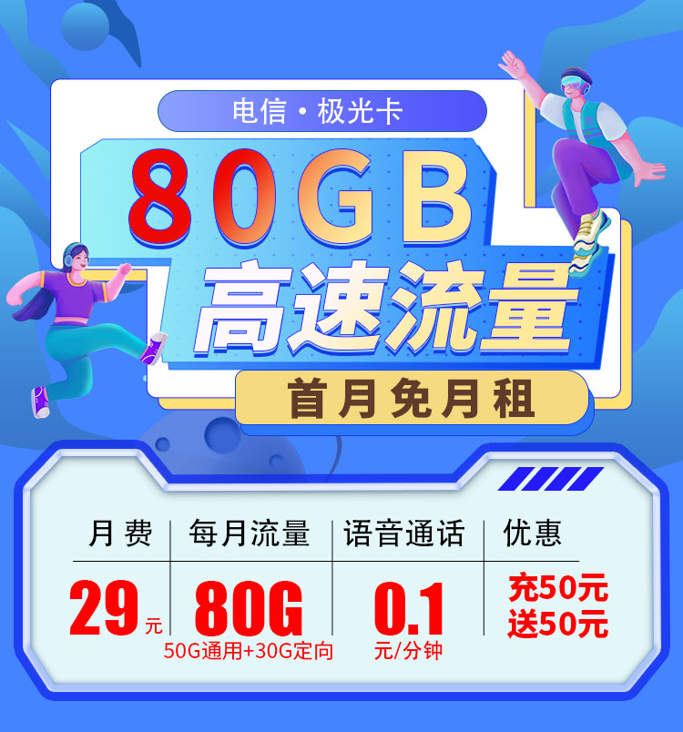 卡世界官方推荐：电信极光卡29元80G流量  第1张