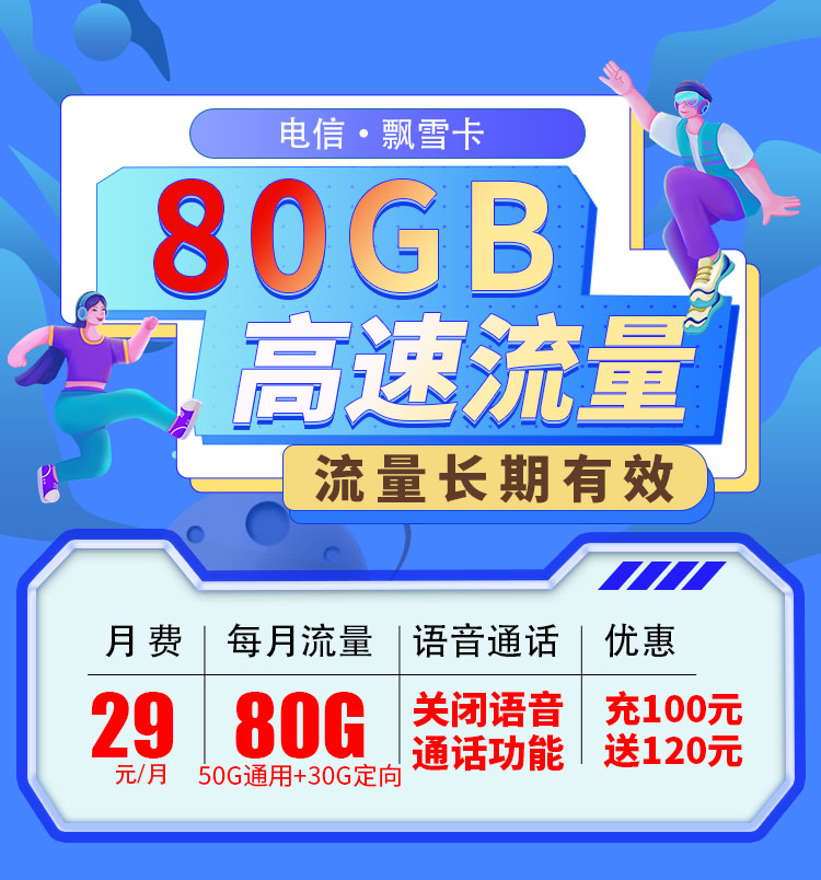 卡世界官方推荐：电信飘雪卡29元80G流量  第1张
