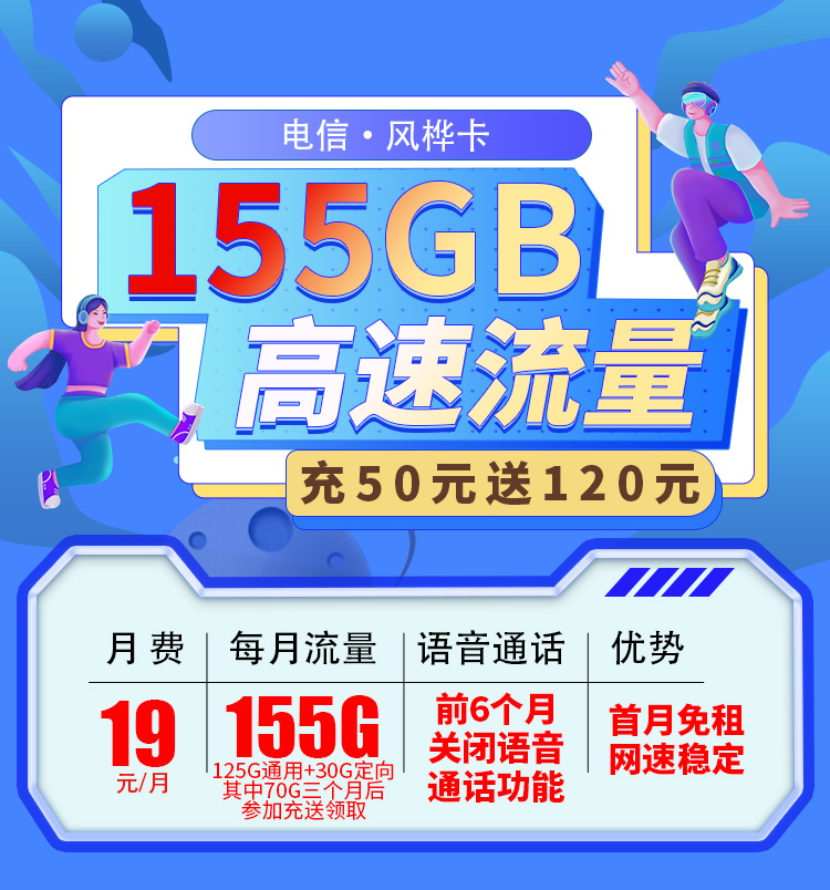 卡世界官方推荐：电信风桦卡19元155G流量  第1张