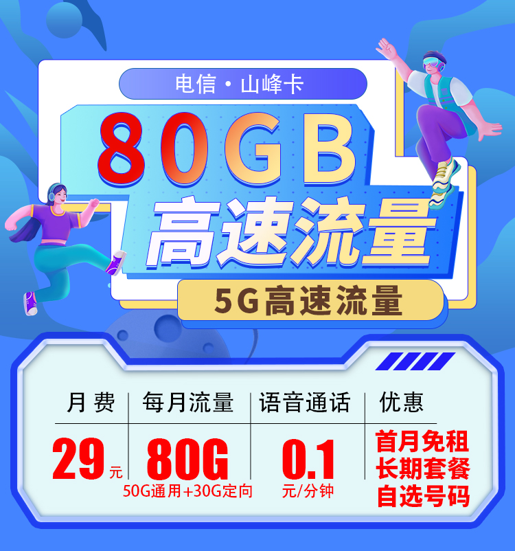卡世界官方推荐：电信山峰卡29元80G流量  第1张