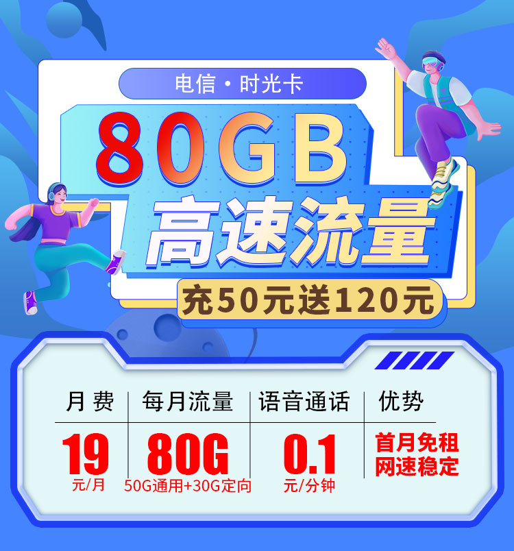 卡世界官方推荐：电信时光卡19元80G全国流量首月免月租  第1张