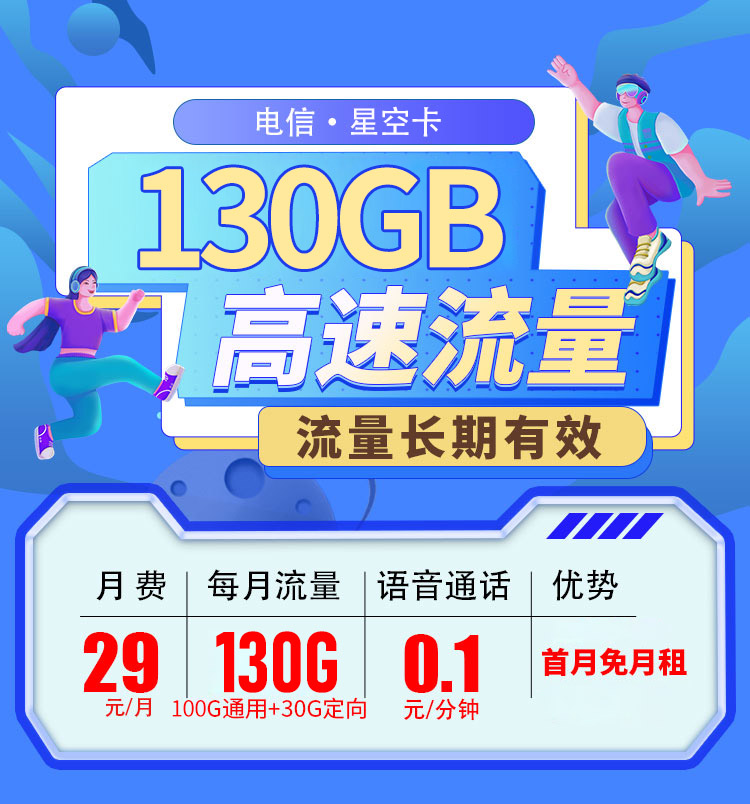 卡世界官方推荐：电信星空卡29元130G全国流量首月免租  第1张