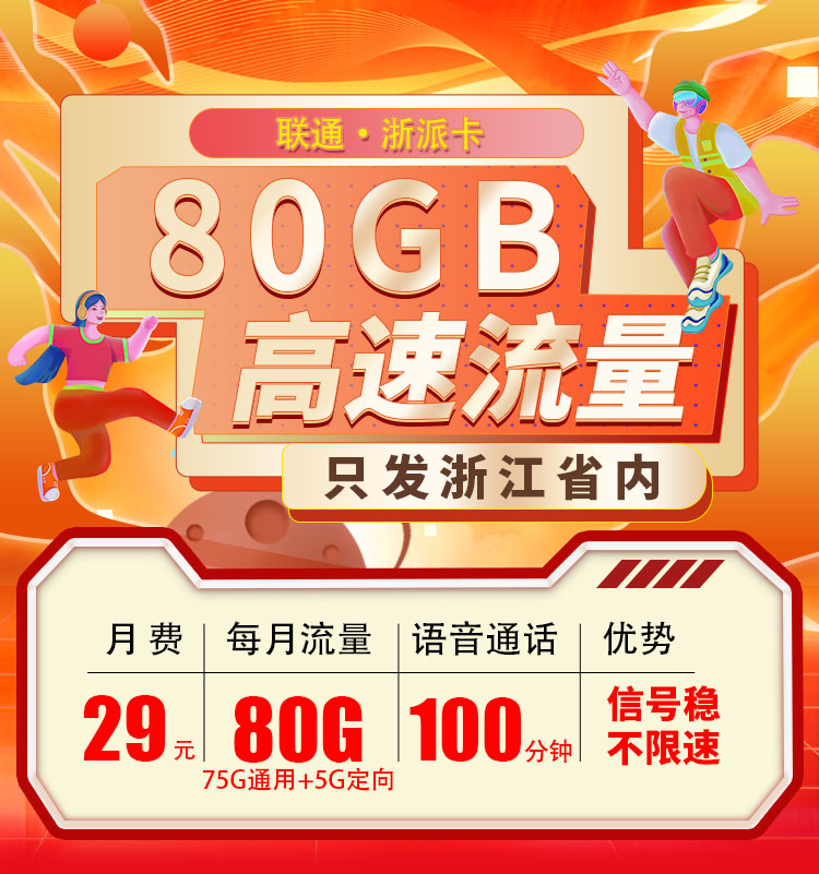 卡世界官方推荐：联通浙派卡29元80G+100分钟  第1张