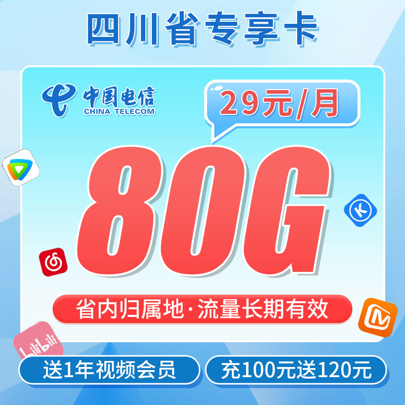卡世界官方推荐：电信熊猫卡29元80G流量+一年视频会员