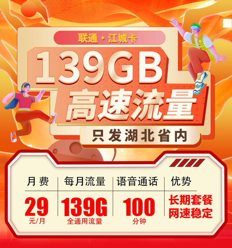卡世界官方发布：联通江城卡29元139G+100分钟  第1张