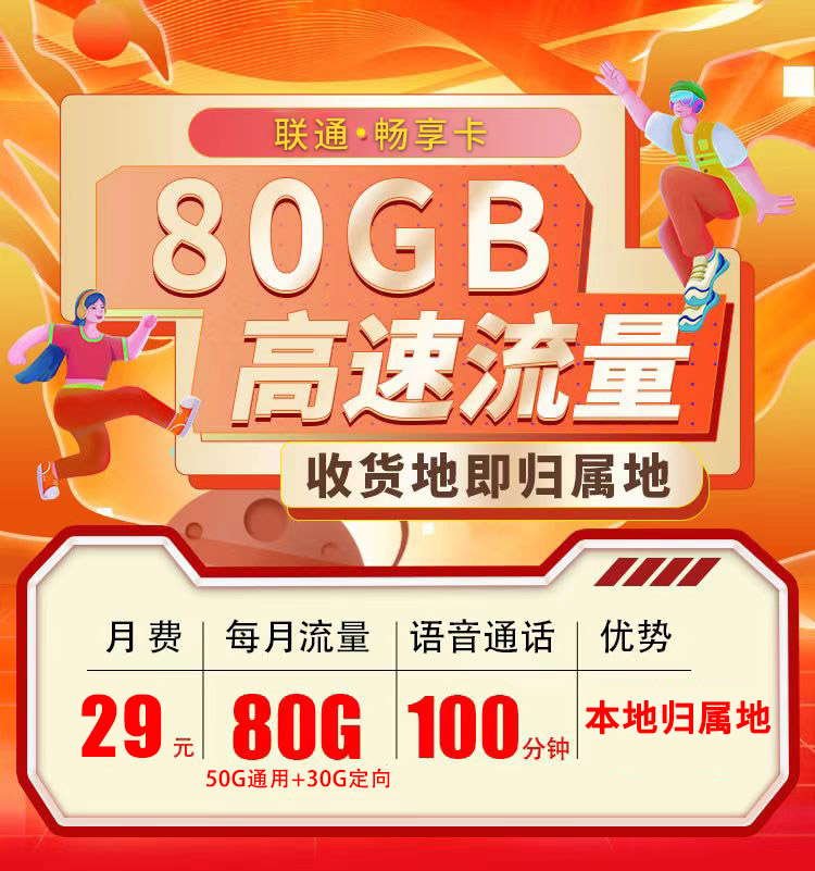 卡世界官方发布：联通畅享卡29元80G+100分钟+本地归属地+可选号  第1张