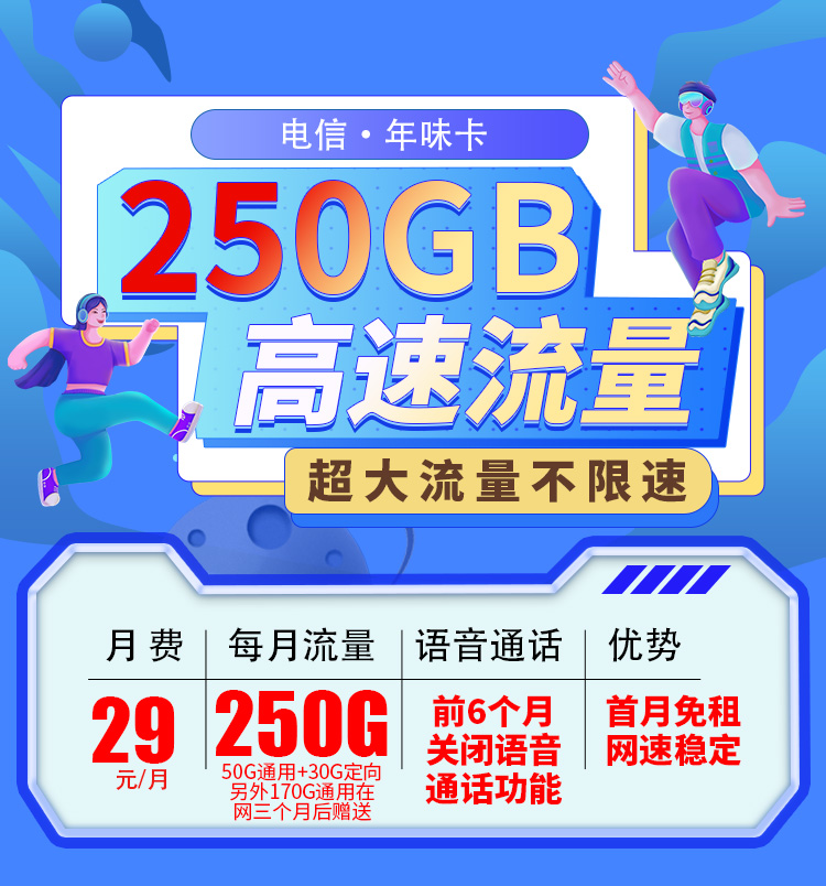 卡世界官方发布：电信年味卡29元250G全国流量首月免月租  第1张