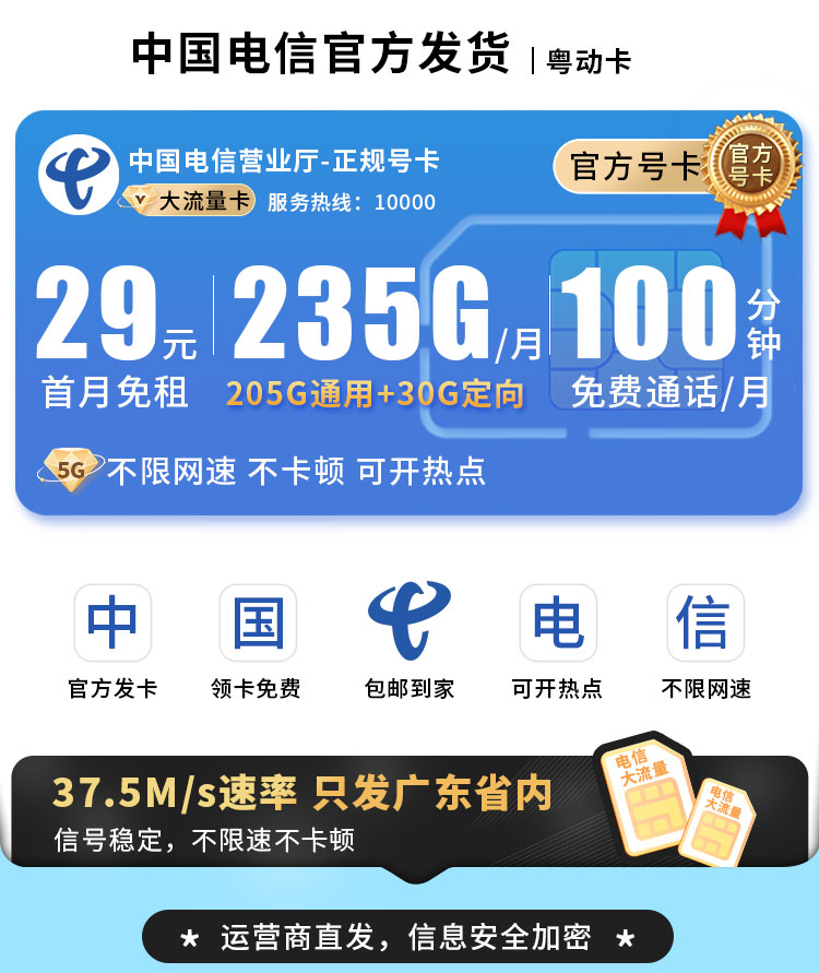 卡世界官方发布：电信粤动卡29元235G流量+100分钟通话  第1张