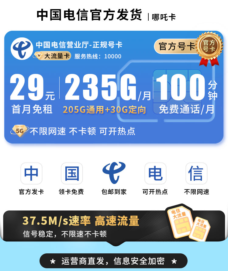卡世界官方发布：电信哪吒卡29元235G流量+100分钟通话  第1张