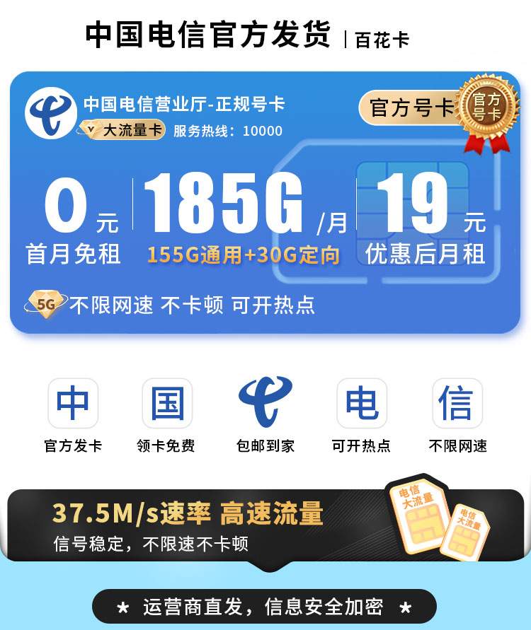卡世界官方发布：电信百花卡19元185G流量  第1张