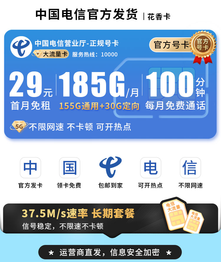 卡世界官方发布：电信花香卡29元185G流量+100分钟+长期套餐  第1张