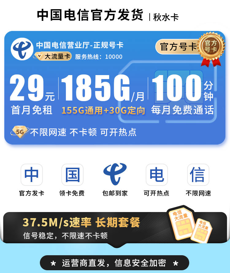 卡世界官方发布：电信秋水卡29元185G流量+100分钟+长期套餐  第1张