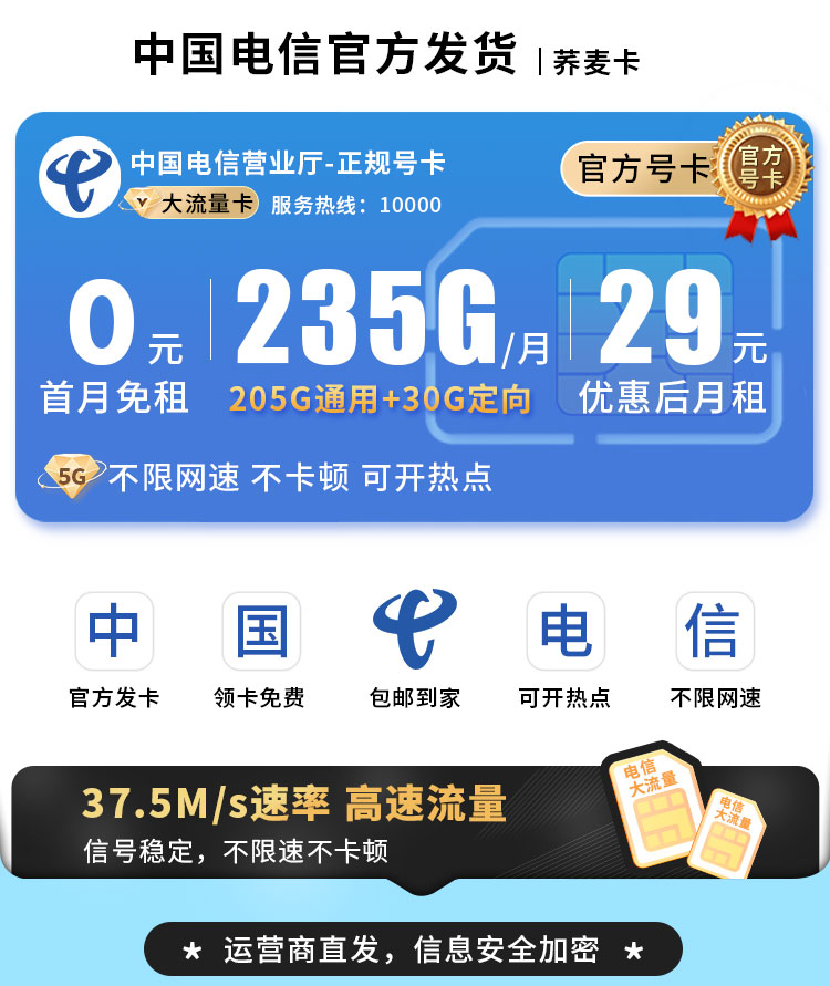卡世界官方发布：电信荞麦卡29元235G流量  第1张