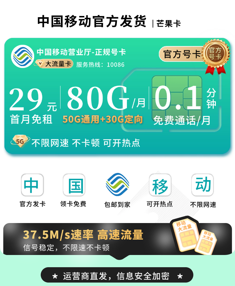 卡世界官方发布：移动芒果卡29元80G流量  第1张