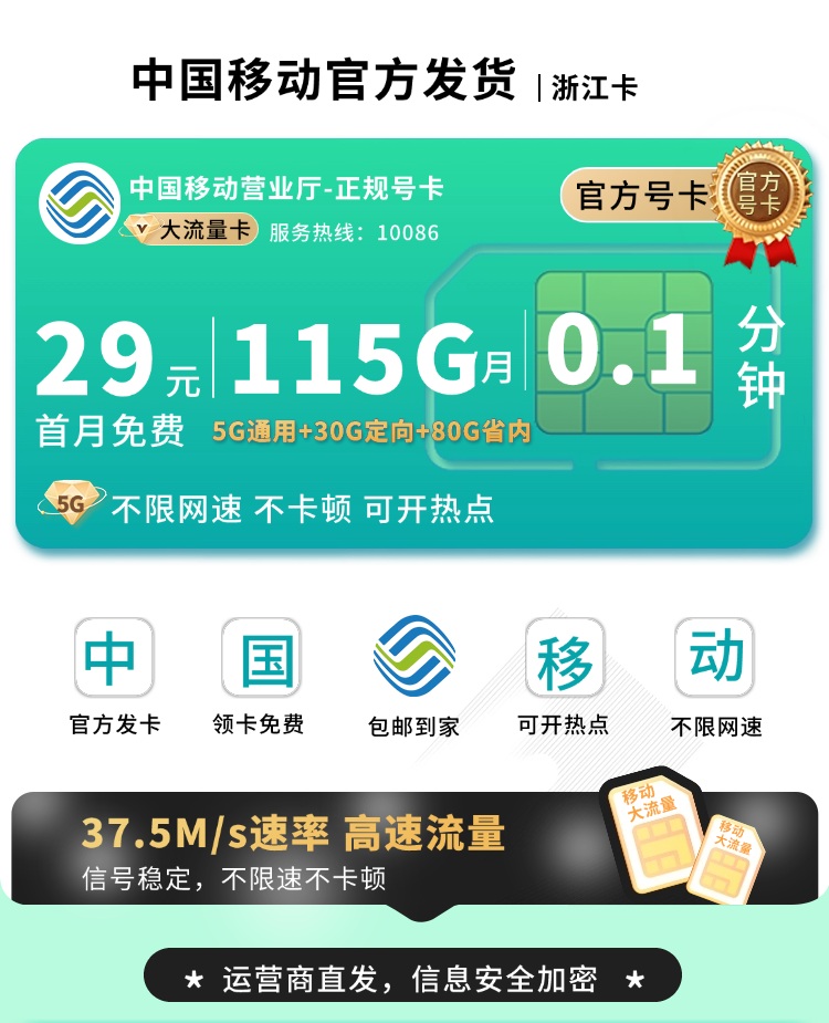 卡世界官方发布：移动浙江卡29元115G流量  第1张