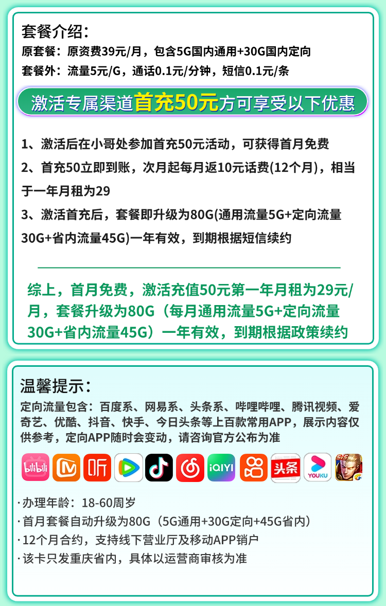 卡世界官方发布：移动重庆卡29元80G流量  第2张