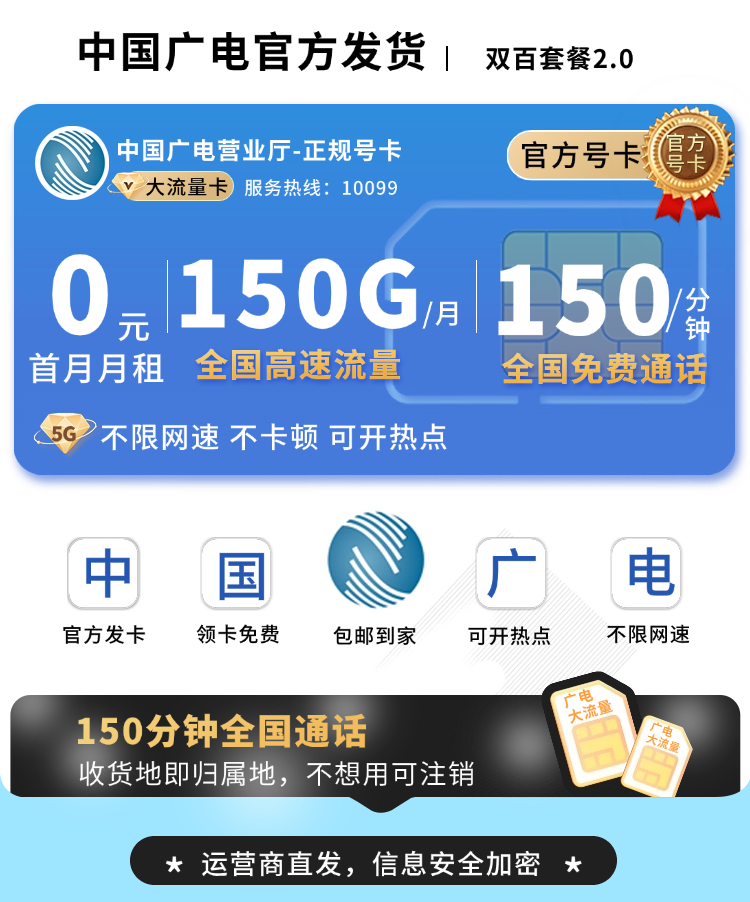卡世界官方发布：广电双百卡2.0版24元150G流量+150分钟+支持结转  第1张