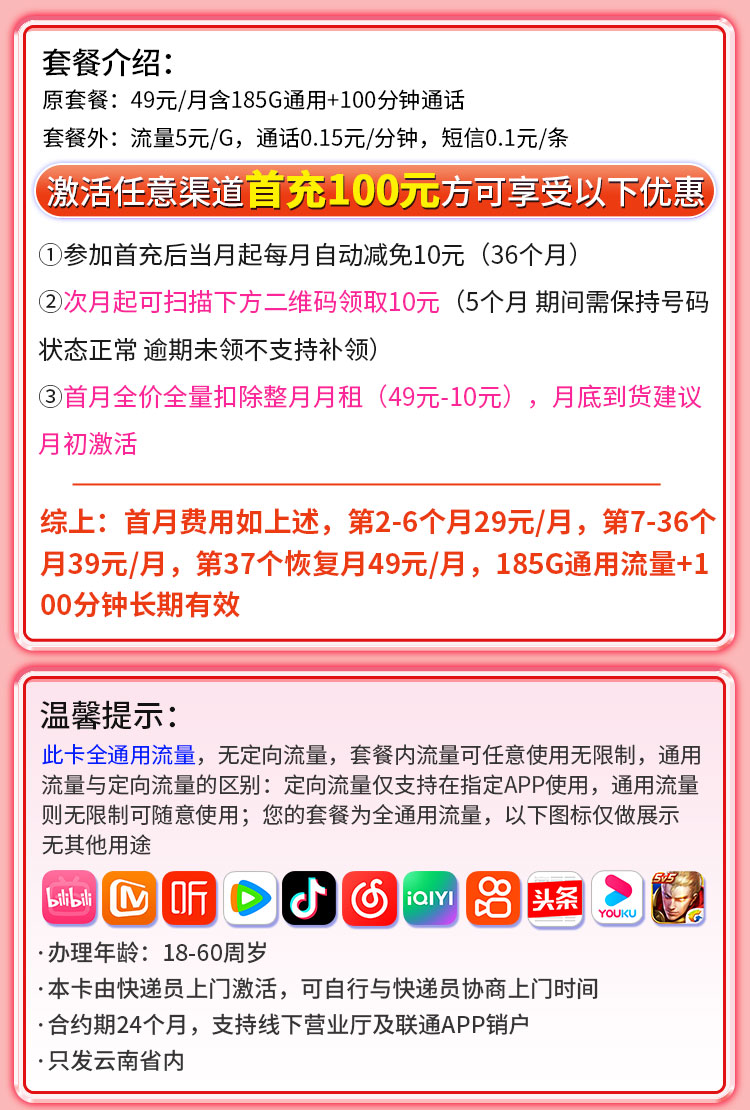卡世界官方发布：联通晴天卡29元185G+100分钟+流量永久有效  第2张