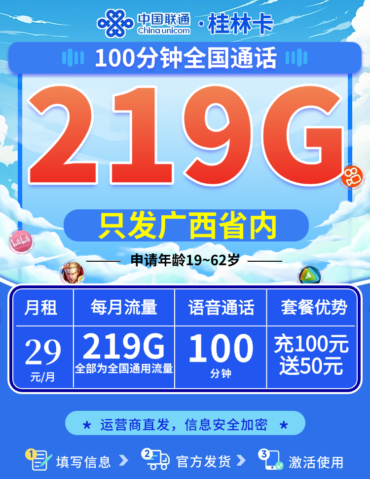 卡世界官方发布：联通桂林卡29元219G+100分钟  第1张