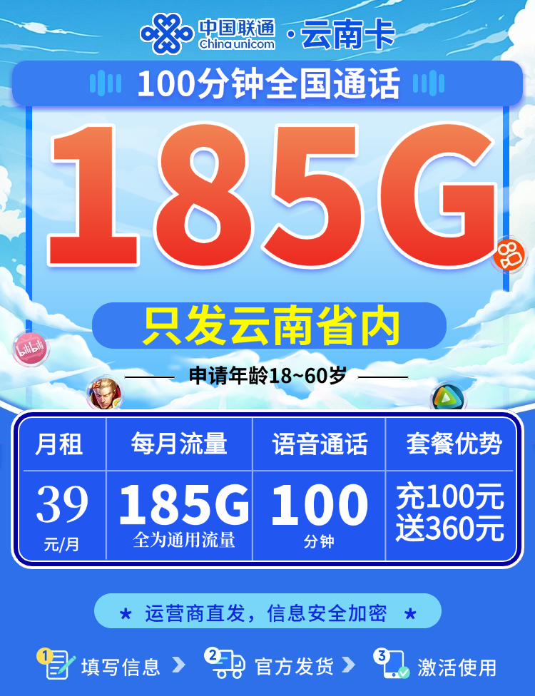 卡世界官方发布：联通云南卡39元185G+100分钟  第1张