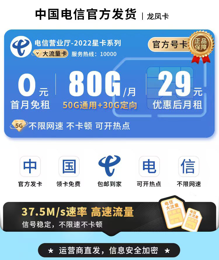卡世界官方发布：电信龙凤卡29元80G流量+可选号  第1张