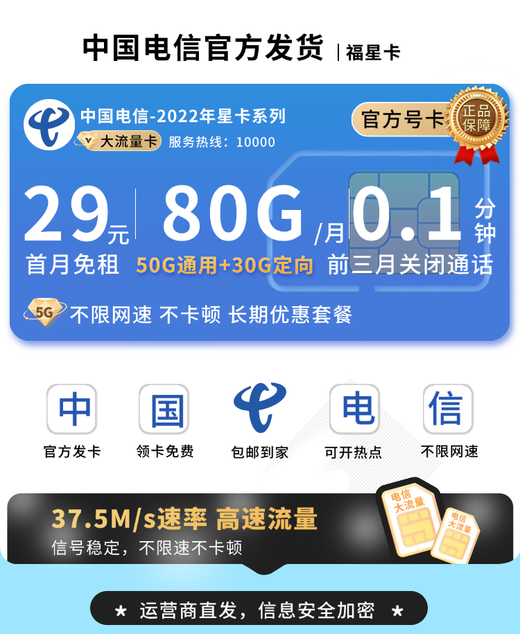 卡世界官方发布：电信福星卡29元80G流量+长期套餐  第1张