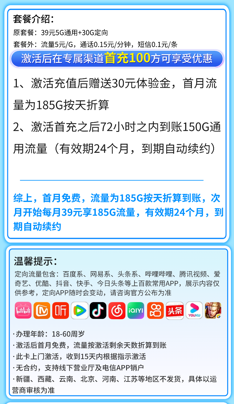 卡世界官方发布：电信岚星卡39元185G全国流量  第2张