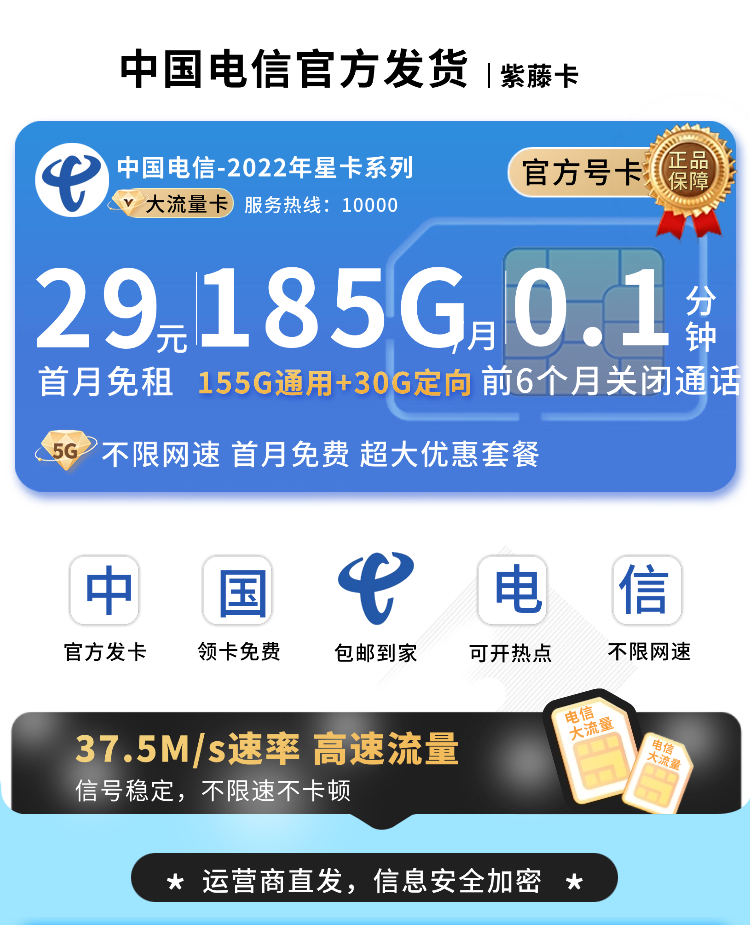 卡世界官方发布：电信紫藤卡29元185G全国通用流量  第1张