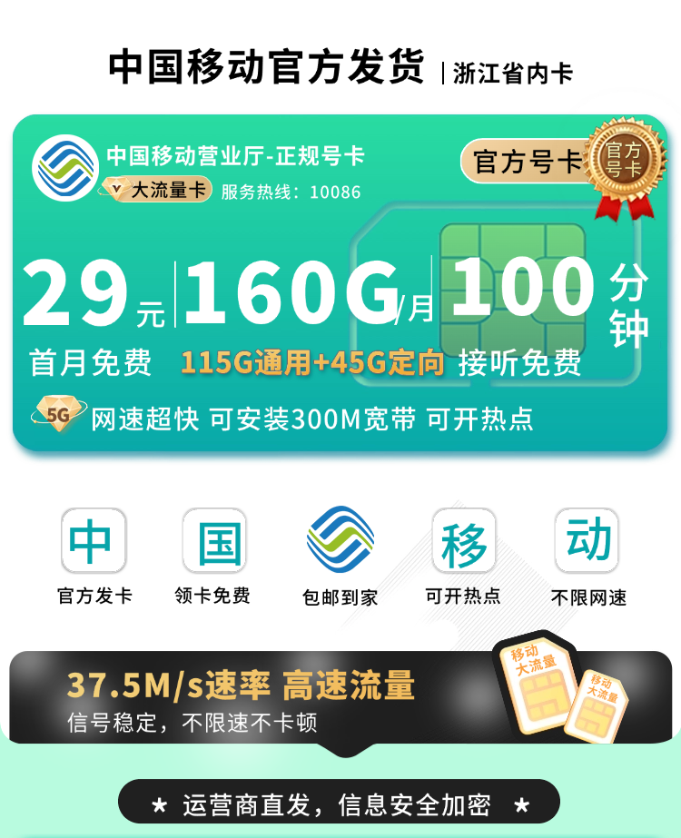 卡世界官方发布：移动浙江卡29元160G流量+100分钟+300M宽带+浙江专属  第1张