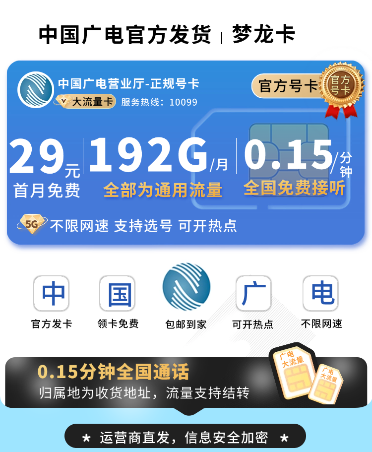 卡世界官方发布：广电梦龙卡29元192G通用流量+可选号+流量结转  第1张