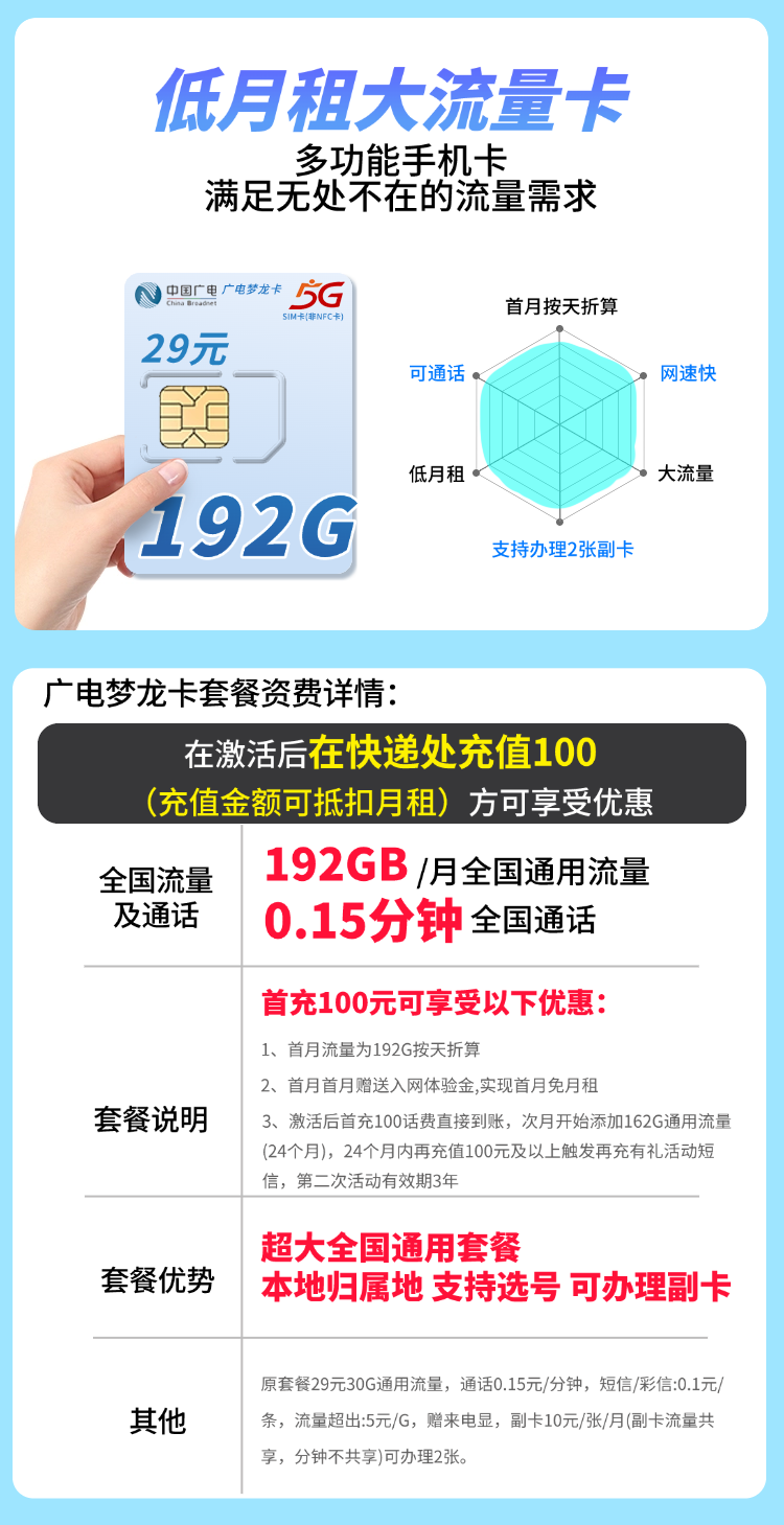 卡世界官方发布：广电梦龙卡29元192G通用流量+可选号+流量结转  第2张