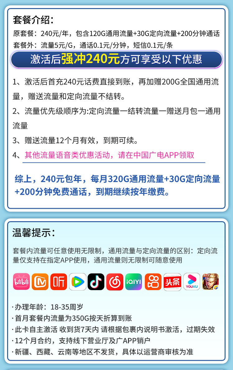 卡世界官方发布：广电包年卡平均月租20元350G流量+200分钟通话  第2张